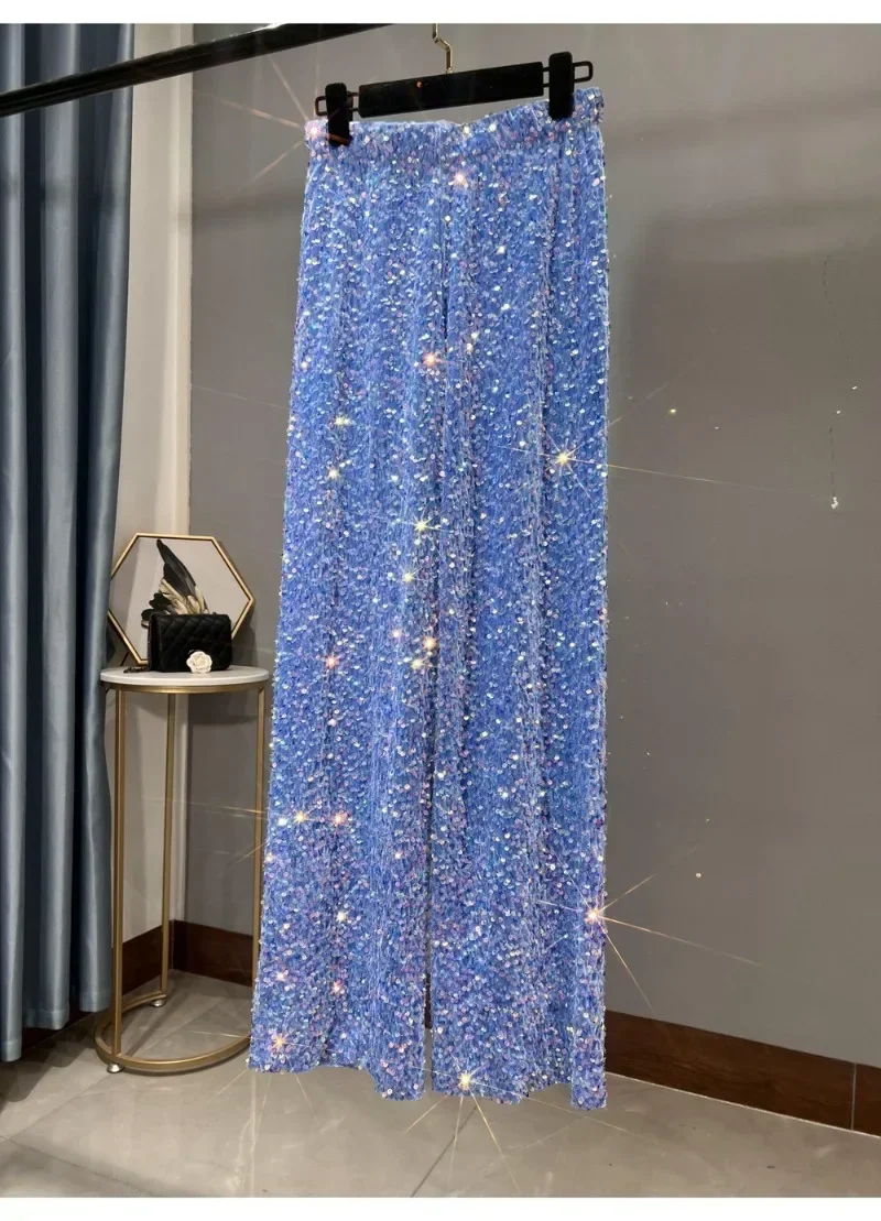 

Korean Fashion Pants Women Elastic Waist Sequins Wide Leg Y2k Trousers Shiny Loose Slim Full Length High Street Casual Straight