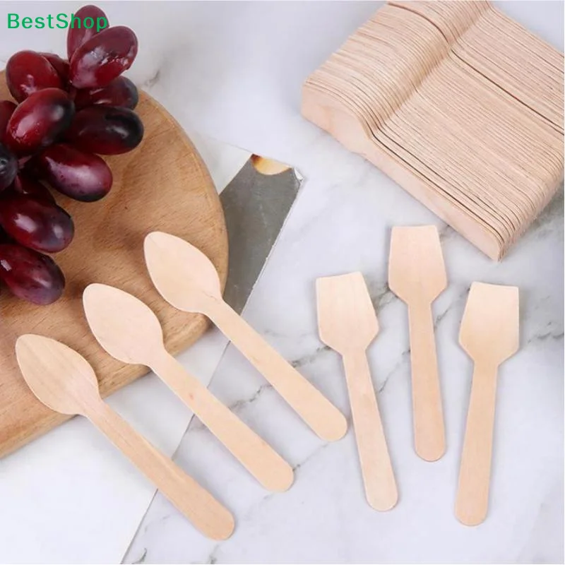 50/100Pcs Disposable Wooden Square Spatula Mini Spoons For Cake Dessert Ice Cream Party Takeaway Food Use