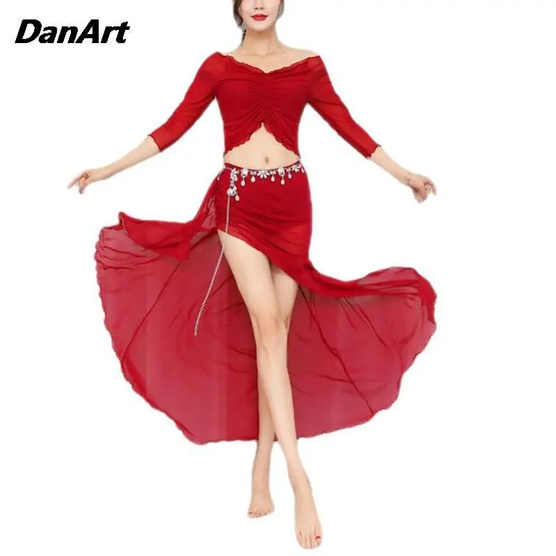 Women Sexy Dress Belly Dance Stage Performance Clothes Practice Training Suit New Lady Tops+Long Skirt Adult Show Costumes