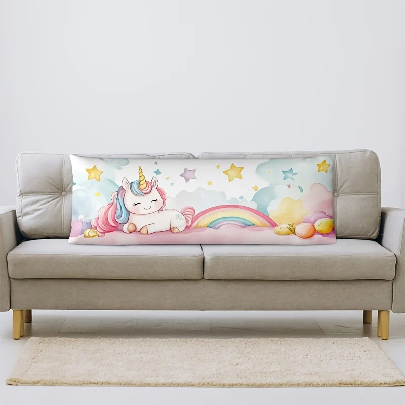 Fantasy Unicorn and Rainbow Long Pillowcase - 20x54 Inches, Double-Sided Print, Zipper Closure, Hand Wash Only, Polyester - Star