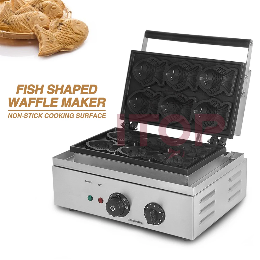 ITOP Taiyaki Machine 6 Pcs Fish Waffle Maker Fish-Shaped 1500W Non-stick Coating Bakeware Commercial Snack Machine