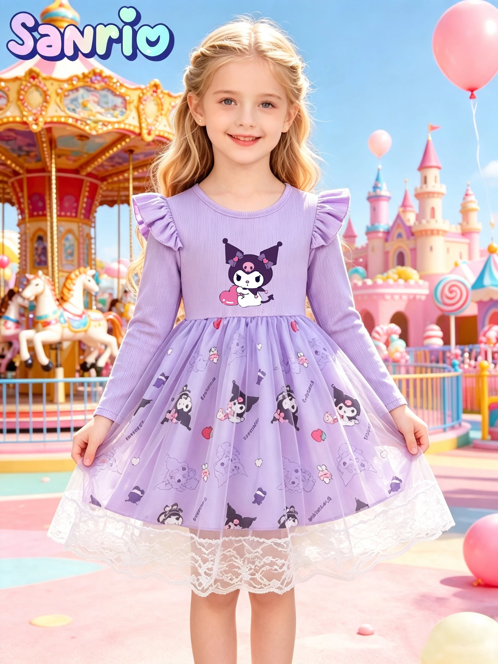 Girls' Kuromi Cartoon Long Sleeve Tulle Princess Dress, Light Purple Flutter Sleeve Lace Ruffle Puffy Skirt, Kids Spring Autumn