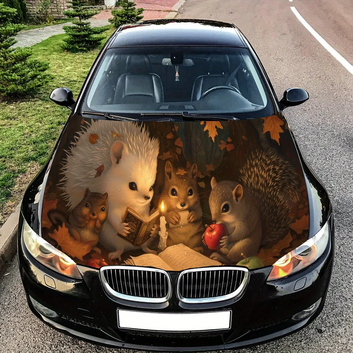 Animaux lisants par motif aux chandelles Film pour capot de voiture, autocollants - enveloppes en vinyle pour voiture, accessoires extérieurs adaptés à la plupart des voitures ; bu