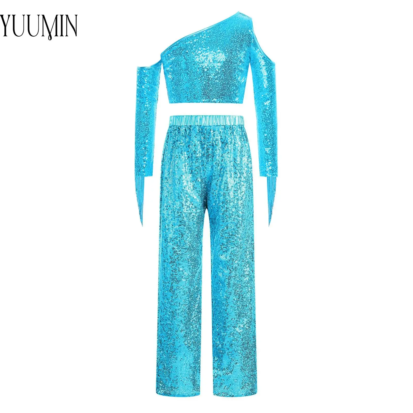Kids Girls One Shoulder Long Sleeve Shiny Sequin Tassels Crop Top+Pants Set for Tango Jazz Latin Dance Performance Competition