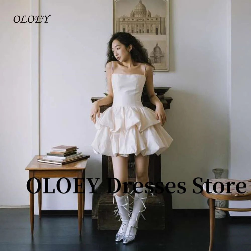 

OLOEY Spaghetti Straps Mini Short Wedding Party Dresses Korea Japan Women Tiered Bride Gowns Formal Prom Dress Customized