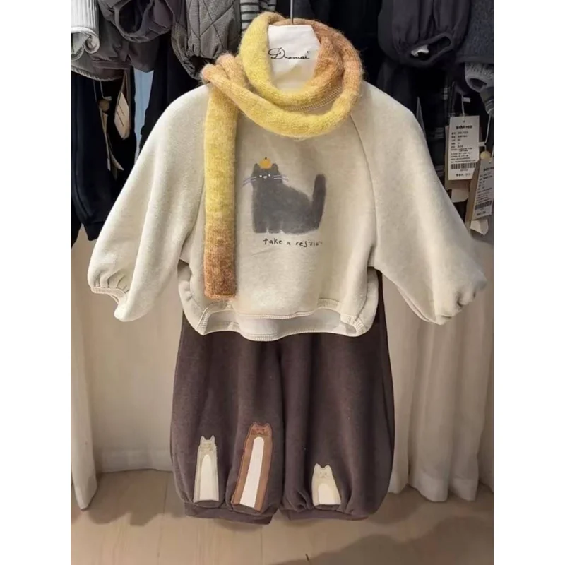 

Children's Sweatshirt Set for Autumn and Winter2025New Stylish Baby Cartoon Print Thickened Top Children's Sweatpants