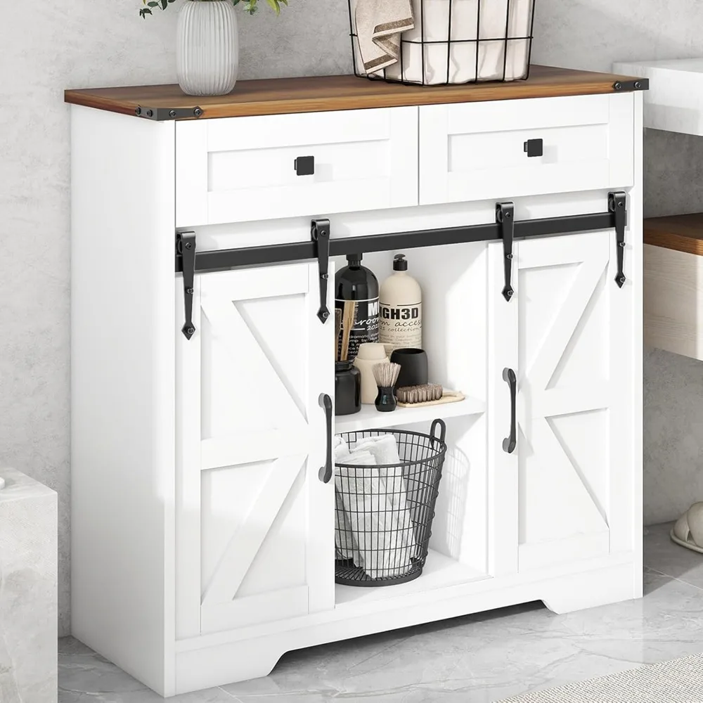 

Bathroom Floor Cabinet, Farmhouse Storage Cabinet with Sliding Barn Door and Storage Drawers, White Buffet Cabinet
