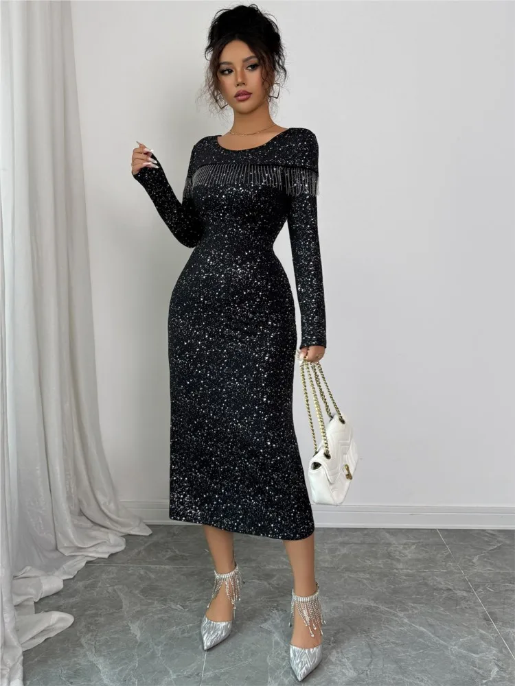 새로운 가을 겨울 우아한 스팽글 라운드넥 긴팔 슬림 여성 블랙 드레스, 파티 클럽 이브닝 여성 바디콘 미디 드레스