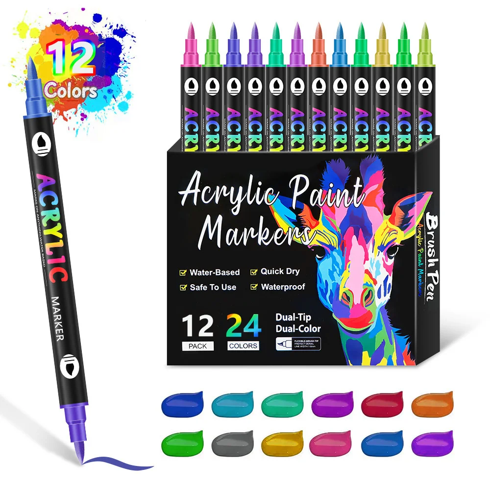 

24 colors, 12 double pointed acrylic, high coverage bright pigment, variable line width of 1-5mm, smooth ink flow