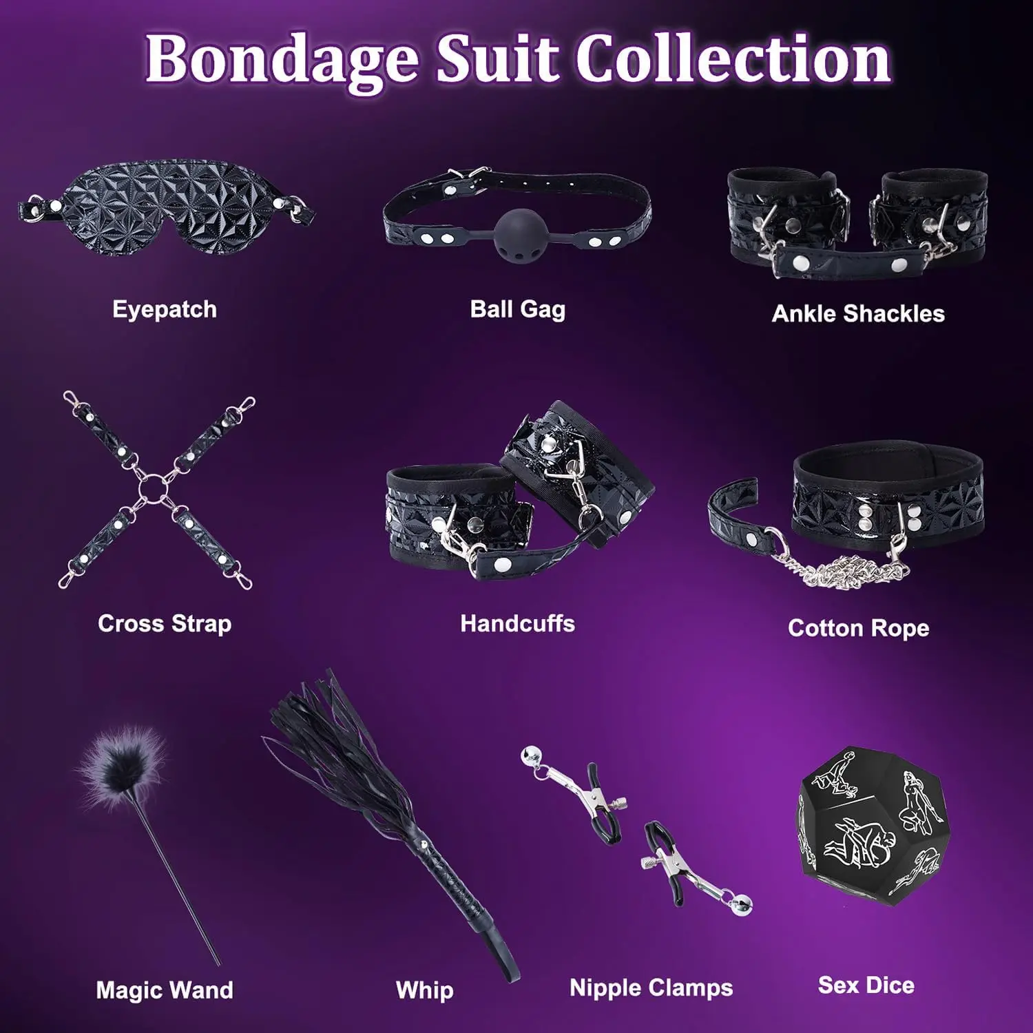 BDSM Restrições Bondage Gear Kit, Brinquedos Sexuais e Acessórios, Jogos Sexuais para Casais, 10Pcs