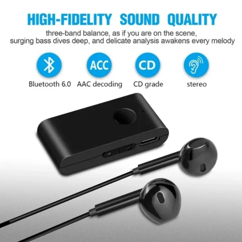Bluetooth 5.0 Audio Receiver with In-Ear Earphones 3.5mm Wired Headphones HiFi Stereo Wireless Adapter for Car Home Stereo Use
