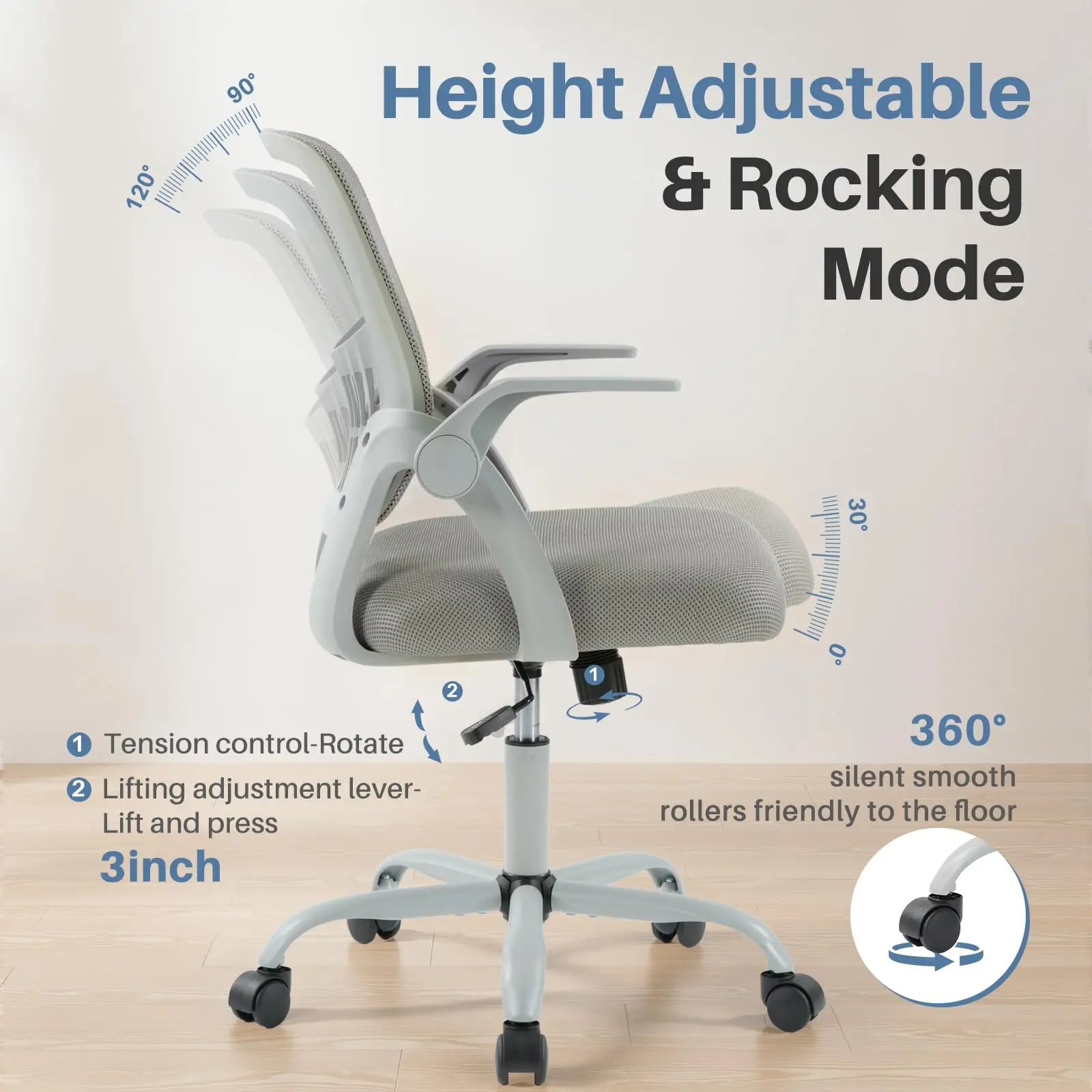 JHK Home Office Computer Chair Ergonomic Mid Back Desk with Lumbar Support 360° Swivel Height Adjustable with Flip-up Armrest