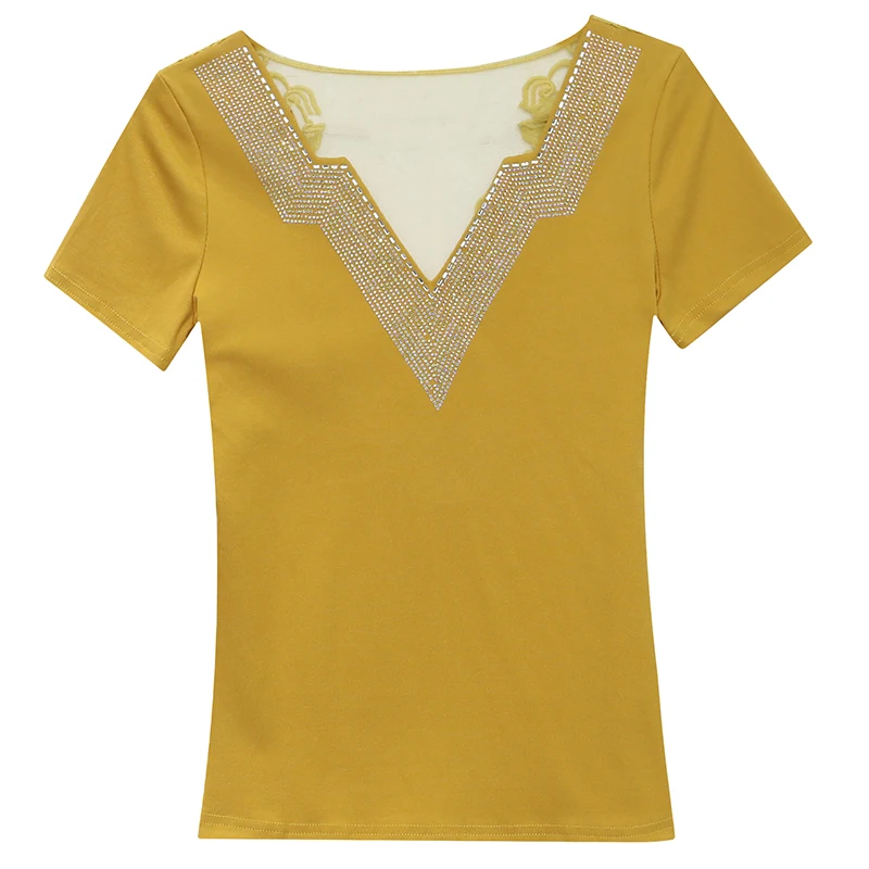 Camiseta informal de verano para mujer, ropa europea con cuello en V, diamantes brillantes, Tops sexys con retales en la espalda, malla de encaje de