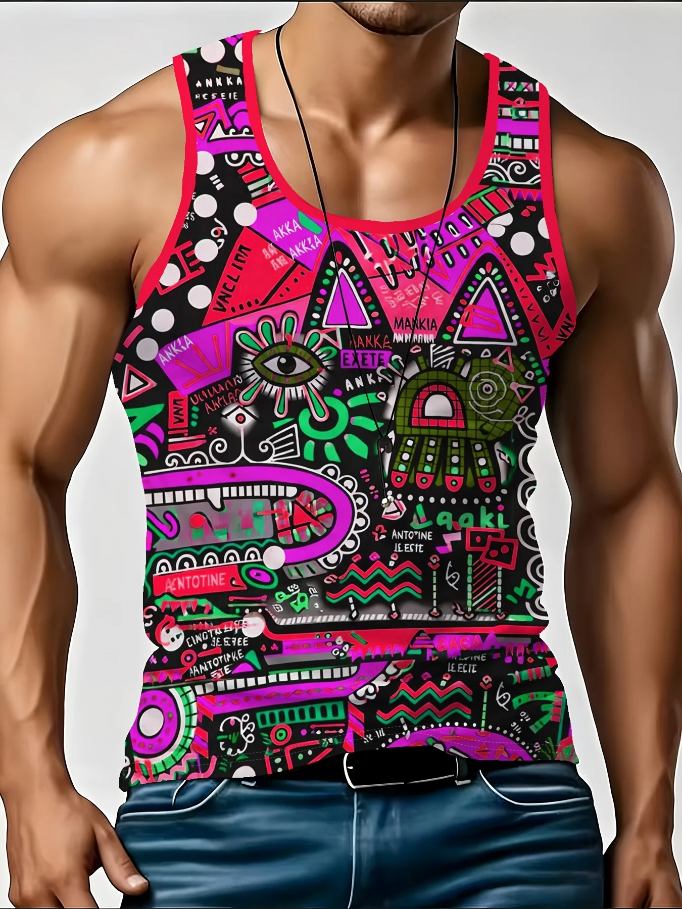 Men's Abstract Tribal All Over Print Tank Top Colorful Eye Geometric Sleeveless Muscle Vest Street Casual Workout Shirt