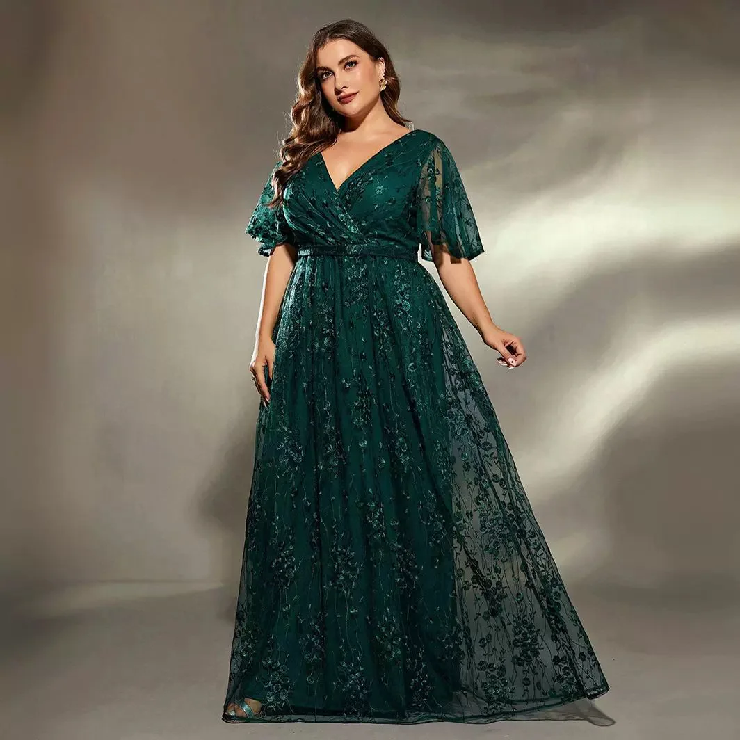 Women Evening Dresses Green Sexy Deep V-neck Dress Plus Size Temperament Elegant Banquet Dress 2024 Summer Lady Party Dresses