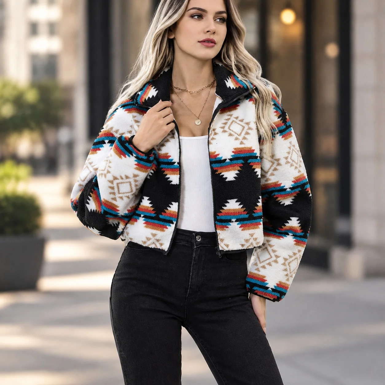 Printed Zipper Top Short Length Casual with No Hood Regular Thickness Autumn Long Sleeve Straight Cut Commuter Chic Women Jacket