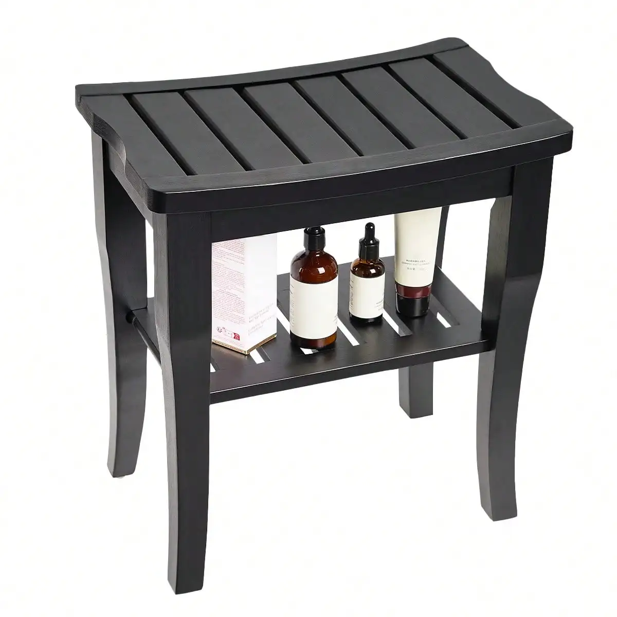 Bamboo Shower Bench & Stool Waterproof - Wood Shower Bench with Storage Shelf for Inside Shower(Black)