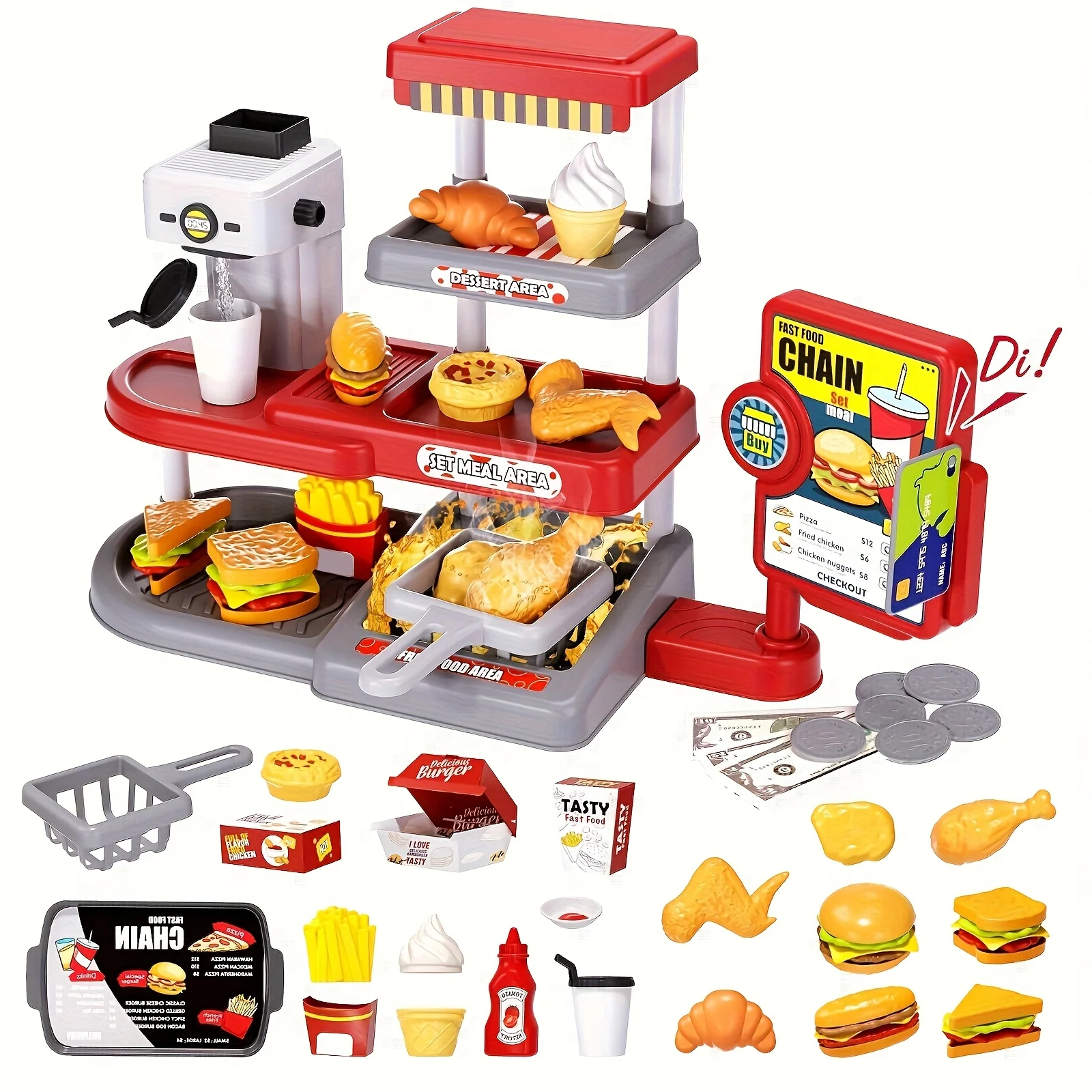

Mini Fast Food Shop Pretend Playset,Cashier Counter Burger Fries Toys,Role Play Gift For Toddler Boys Girls 3-8 Years Old