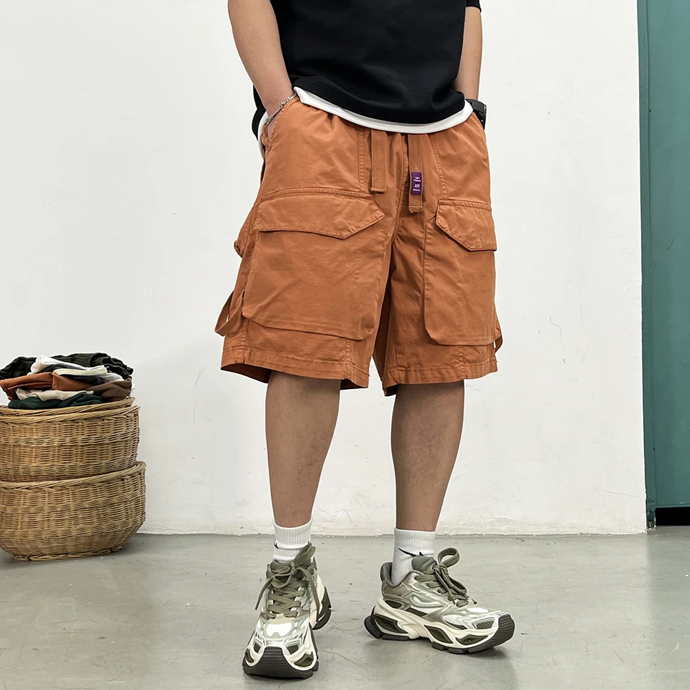 Japanese Style Washed Cargo Shorts For Men Summer Vintage Streetwear Baggy Large Pockets Oversized Plus Size Casual Pants Male