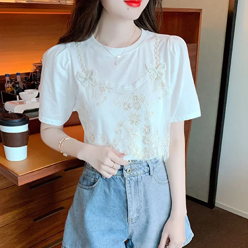 Summer Short Sleeve Women T-shirt Sweet O-neck White Tops Lace Patchwork Blouse Elegant Casual Clothing