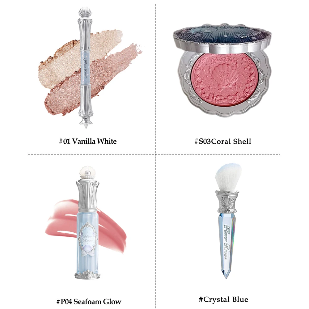 Flower Knows Evidenziatore a doppia estremità e set di fard Smalto per labbra a lunga durata per kit per trucco vegano impermeabile con pelle in vetro Dewy Glow