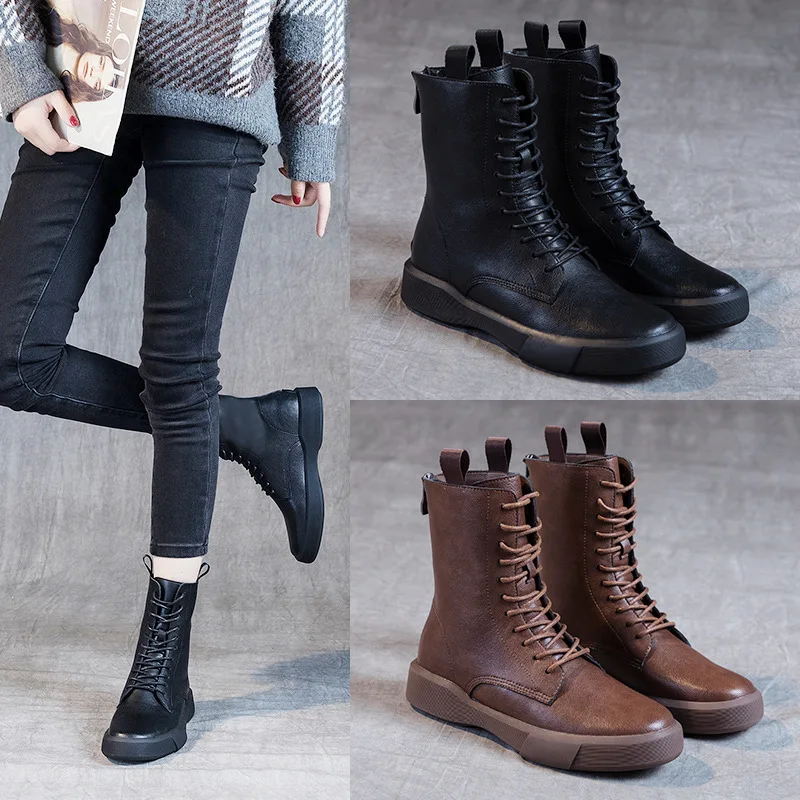 

Short boots plus plus women's casual style 2026 spring new item flat heel retro low top leather boots