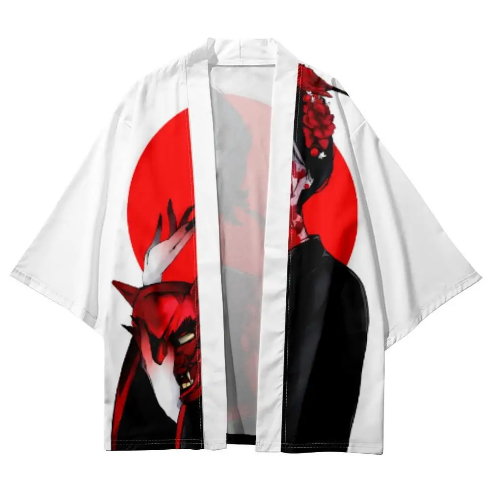 

Fashion Casual Demon Print White Kimono Robe Traditional Cardigan Women Men Beach Yukata Harajuku Japanese Cosplay Haori