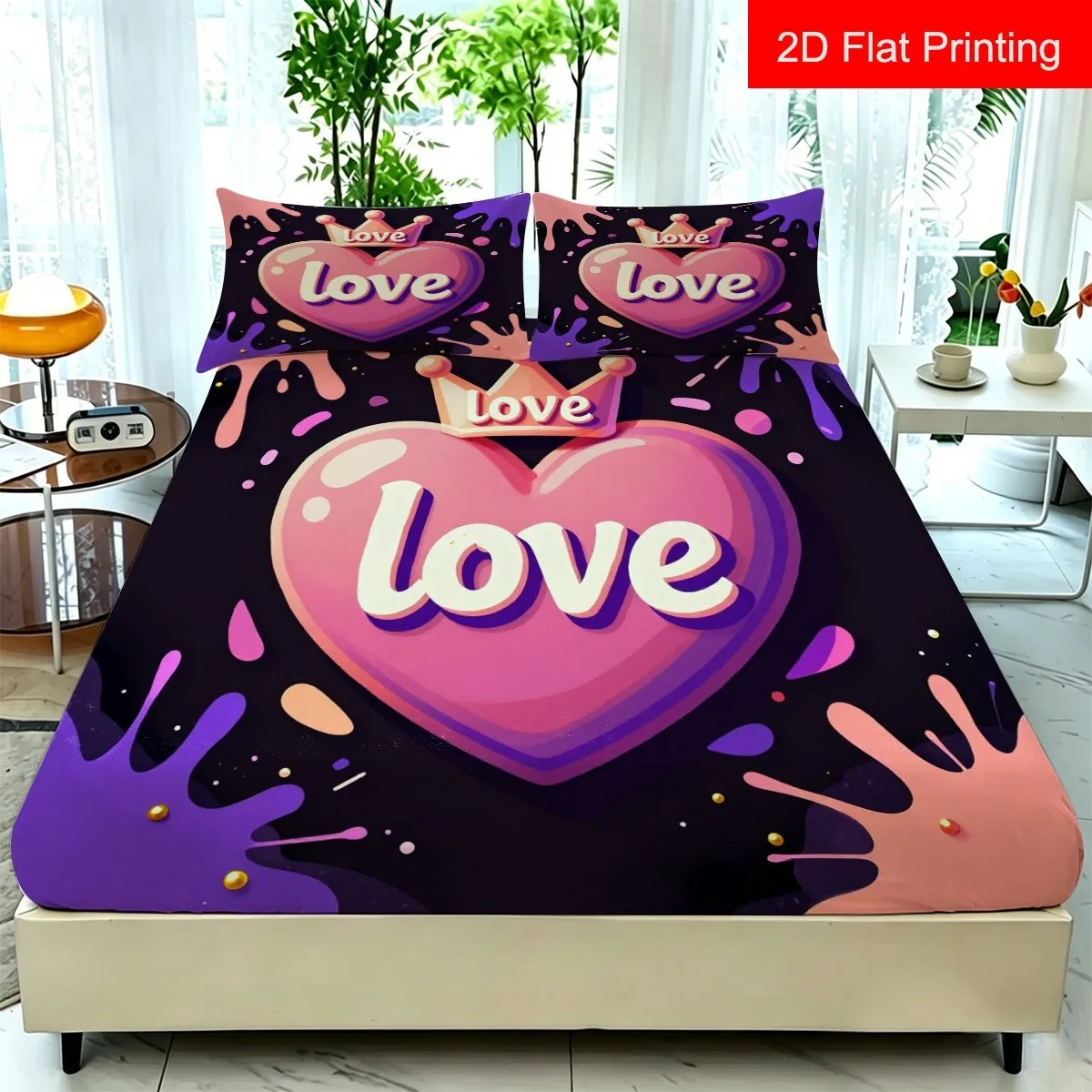 Three-Piece 2D Digital Print Bed Sheet Set, Heart and Crown Design, Three-Piece Bedding Set (Includes 1 Fitted Sheet + 2 Pillowcases), 3-Piece Set, Large Deep Pocket 2D Printed Fitted Sheet and 2 Pillowcases, Mattress Protector, Fitted Elastic Style, Protective Cover, Mattress Protector, Suitable for All Seasons, Machine Washable Design, Holiday Decoration, Various Sizes, Breathable Protective Cover Plus Pillowcase