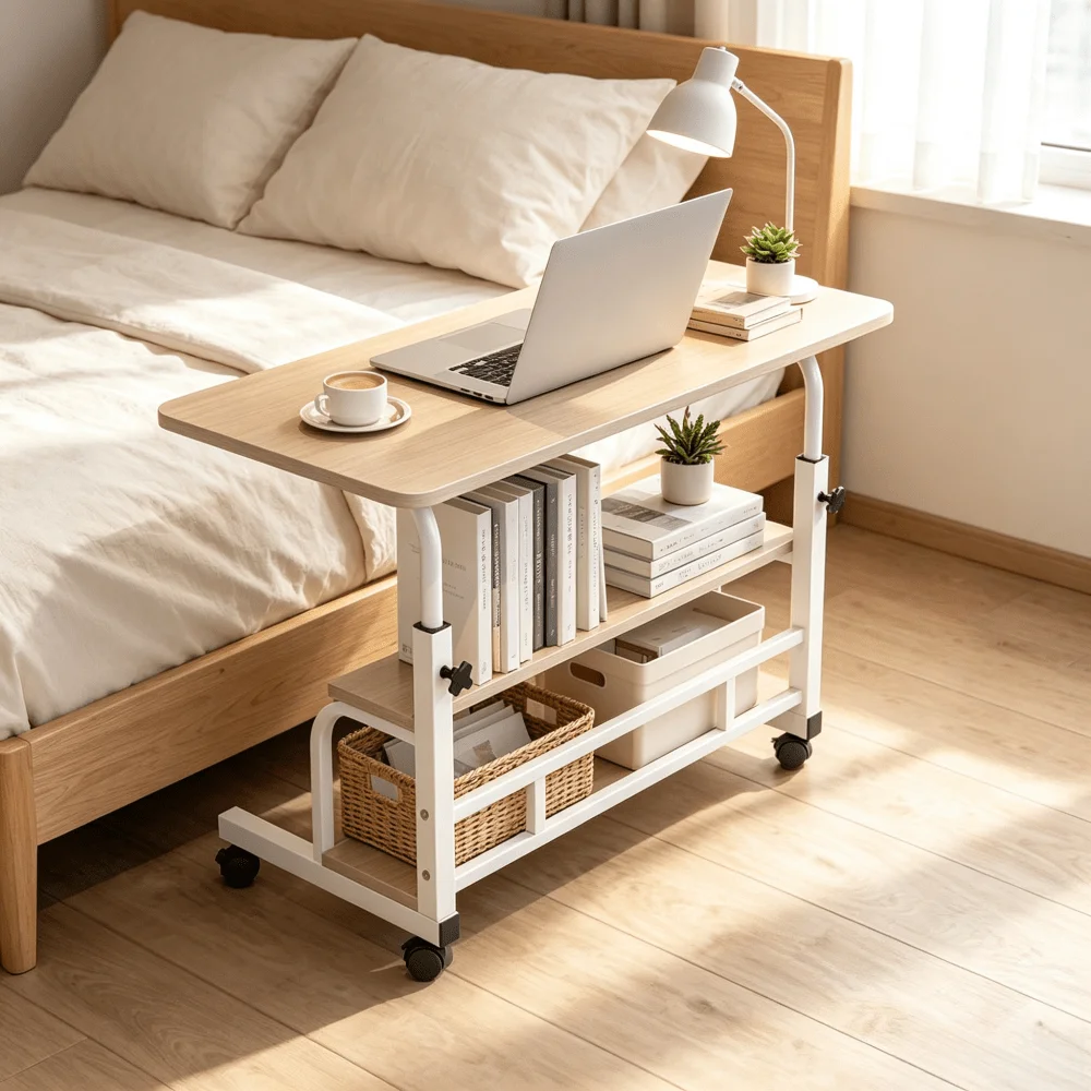 Rolling Computer Desk, 3 Tier Laptop Cart with Storage Shelf, Locking Casters, Sofa Side Table, Living Room Bedroom Home Office