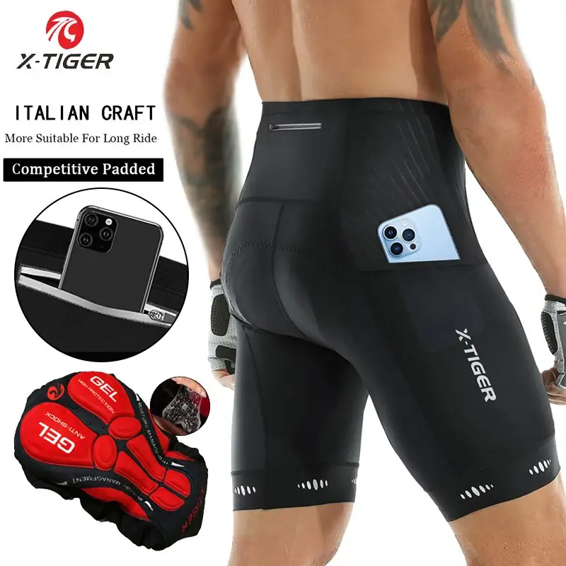 X-TIGER-Shorts de Ciclismo com Bolso Traseiro para Homens 5D Gel Acolchoado para Bicicleta de Montanha Montando Meias Calças, Calças Justas