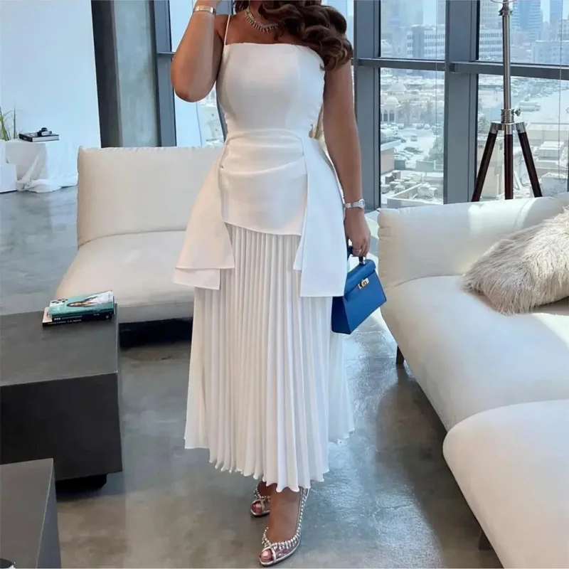 Indie White A Line Evening Gown Women customized Spaghetti Strap Pleated Party Prom Dress Ankle Length Special Occasion Dresses