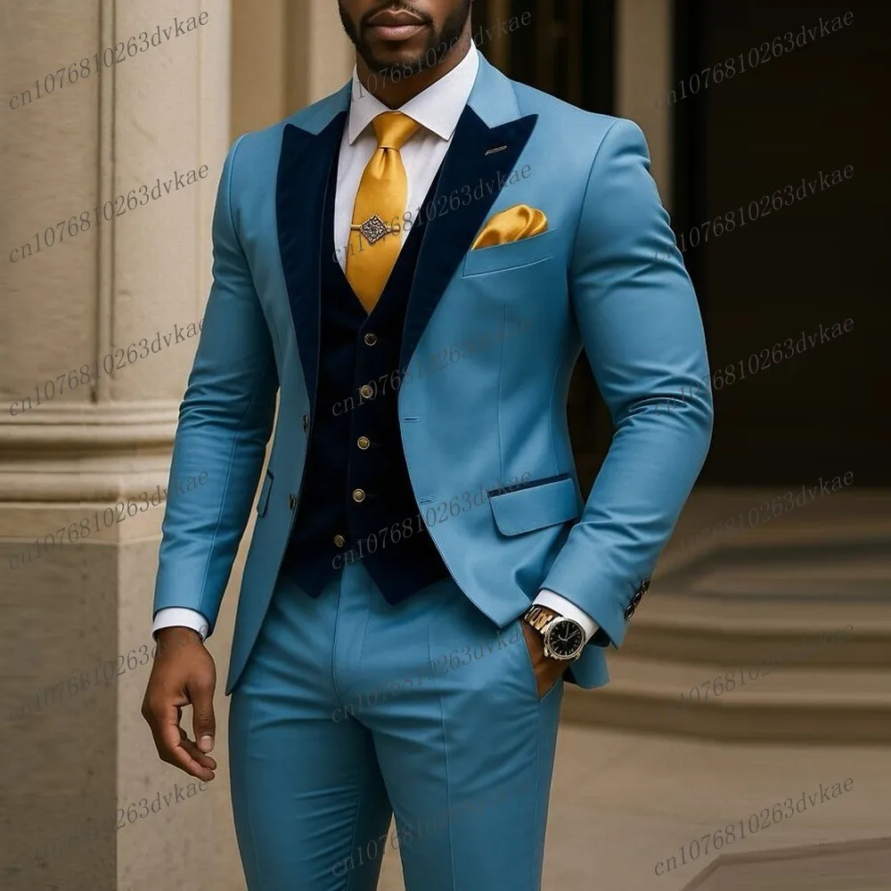 

Blue And Dark Blue Velvet Men Suit Wedding Party Formal Groom Groomsman Prom Business Male Tuxedos 3 Piece Set Jacket Vest Pants
