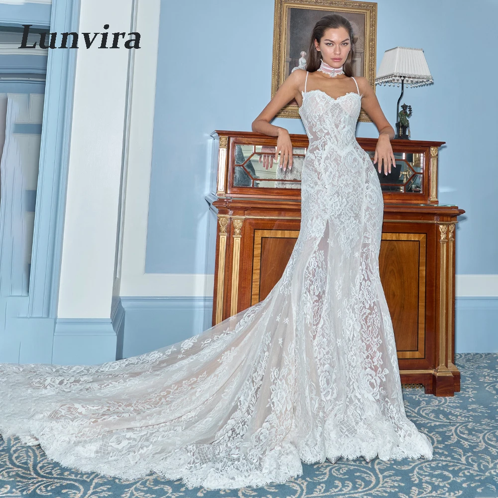 Lunvira Fancy V-neck Wedding Dress Spaghetti Straps Lace Appliques Court Train Long Sleevs Vestido De Casamento Customized
