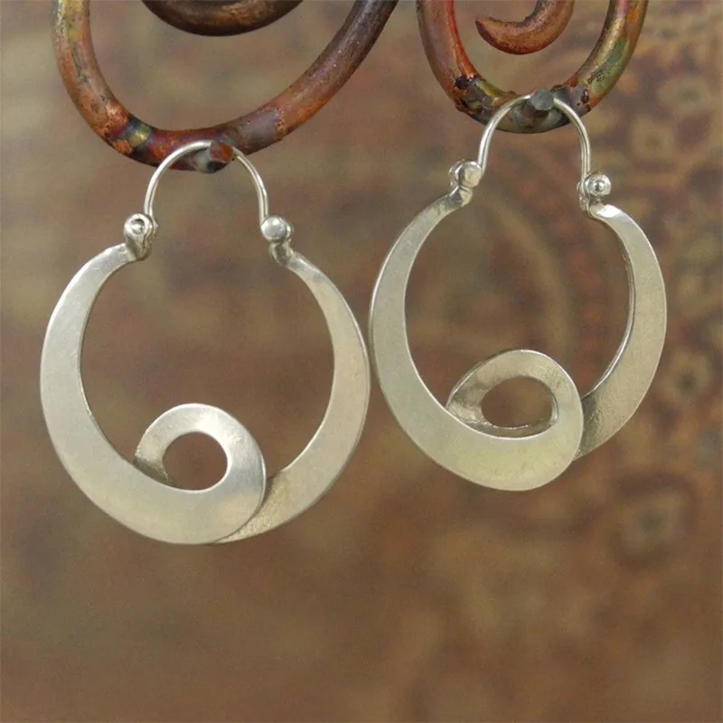 Tribal U Shaped Curl Hoop Earrings Vintage Jewelry Silver Color Spiral Design Statement Earrings for Women