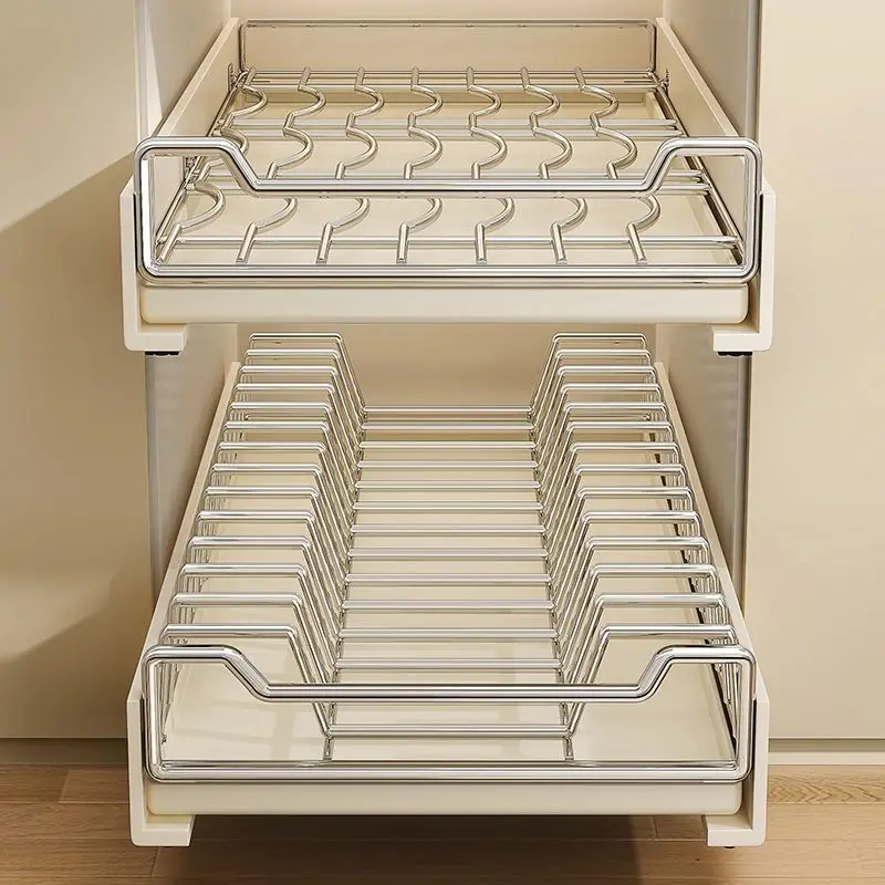 Kitchen dish storage rack non-punching pull-out storage basket kitchen cabinet household