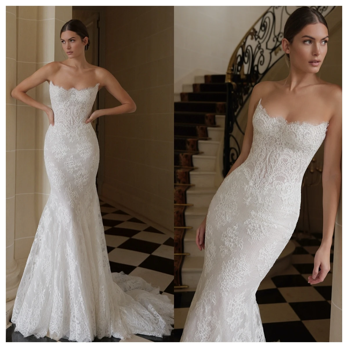 فستان سهرة رائع من الدانتيل الأبيض مخصص حورية البحر بدون حمالات فستان زفاف عالي الجودة أنيق بسحاب خلفي #2
