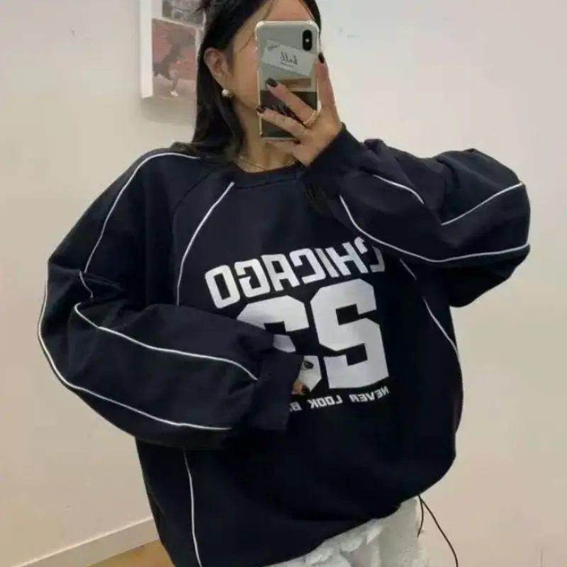 

Свободная женская толстовка с круглым вырезом и шнурком, повседневная, с цифровым принтом, удобная, с длинными рукавами, хлопковая, в уличном стиле