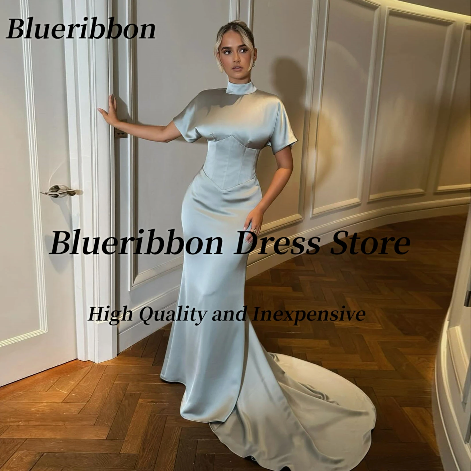 

Blueribbon Vestidos De Fiesta Elegantes High Collar Short Sleeves Prom Dresses Zipper Back Long Sweep Evening Gowns Customized