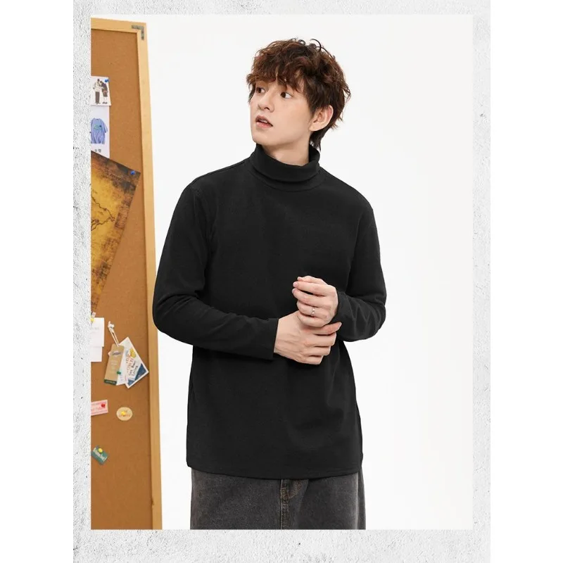 Men's High Neck Double-sided Fleece Long Sleeve T-shirt Autumn Winter Warm Basic Undershirt Wearable Outer Top