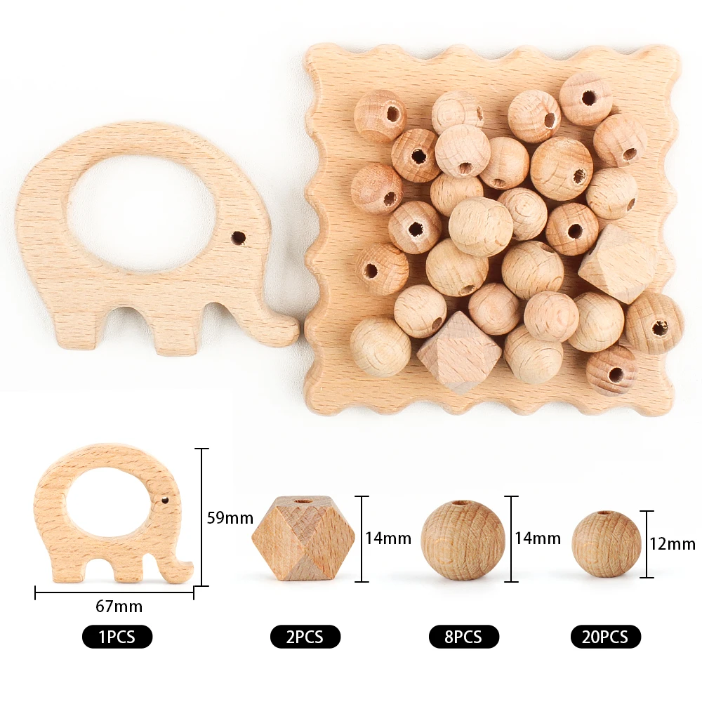 31pcs Wooden Baby Teether Set Wooden Circle Cartoon Animals DIY Pacifier Chain Accessories Teething Toys Gifts Food Grade Materi