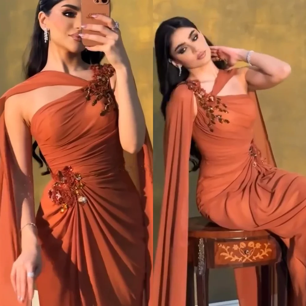 Customized Chiffon Applique Pleat Sheath One-shoulder Long Dresses Bespoke Occasion Casual Exquisite Matching