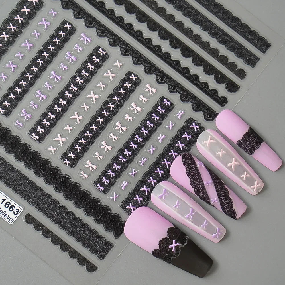 สติ๊กเกอร์ติดเล็บลายหัวใจลูกไม้สีดำโบว์สีชมพูหวาน 5D สติ๊กเกอร์ติดเล็บแบบมีกาวในตัว สำหรับตกแต่งเล็บ ขายส่ง