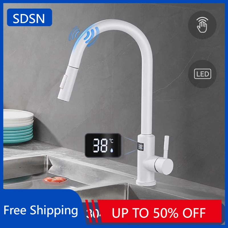 White Touch on Digital Kitchen Sink Faucet with Pull Down Sprayer Hot Cold Kitchen Mixer Tap Smart Sensor Touch Kitchen Faucets