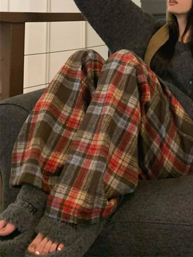 チェック柄暖かいフェイクウールパンツ女性ストリートレトロハイウエストストレートパンツカジュアル原宿レディース秋冬ルーズパンツ新作
