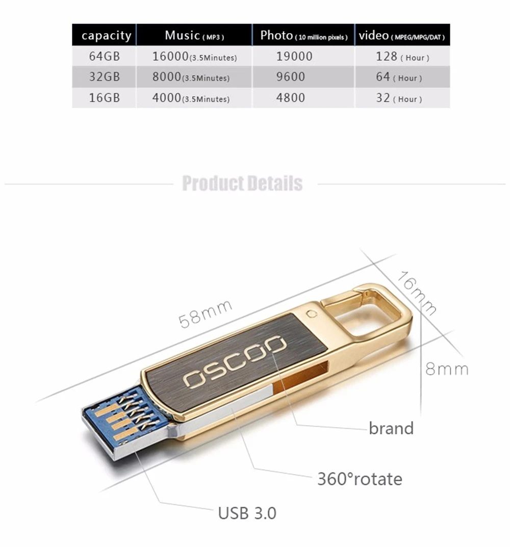 OSCOO Metal USB Flash Drive USB3.0 GOLD 64GB 32GB  Flash Memory Stick Pen drive USB Stick Waterproof Metal Memoria Cel USB