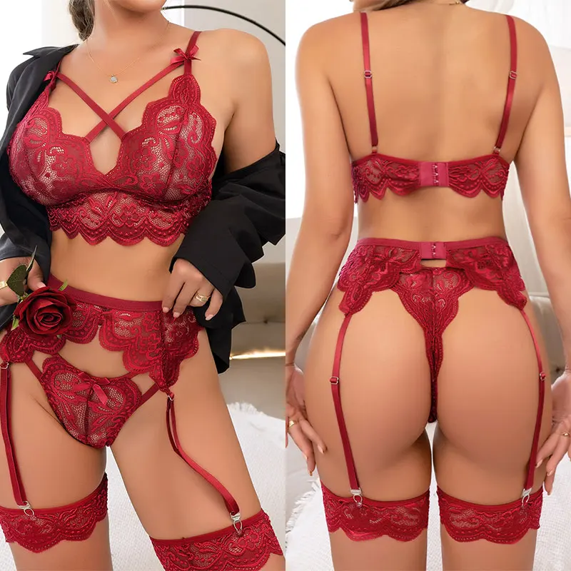 See Through  Hollow Out For Women Transparent Lingerie Women\'s Underwear Lingerie Sets Three-piece Set Female Sexy Costumes