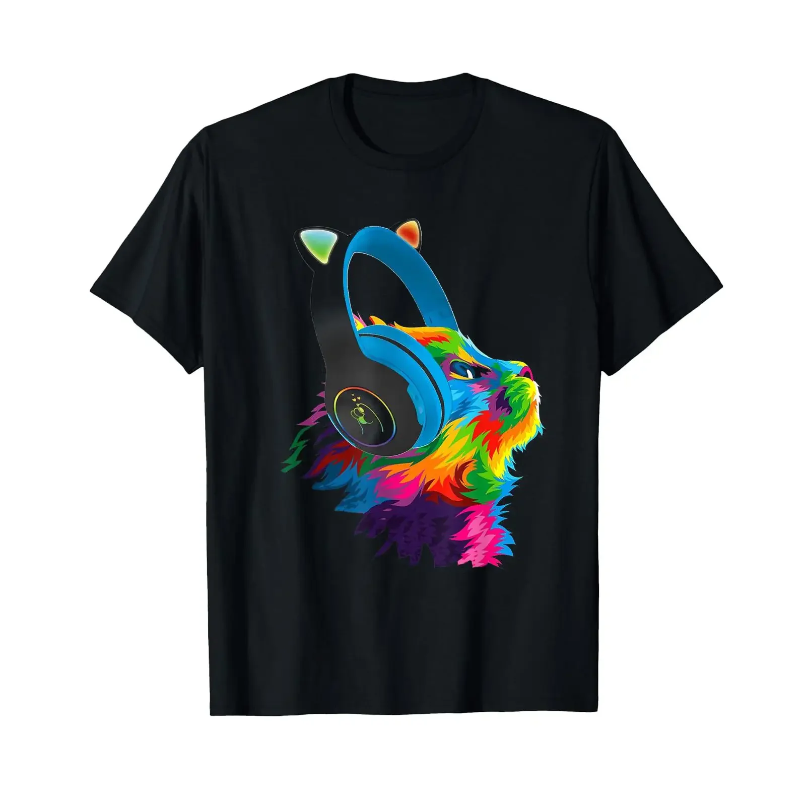 Bright Colourful DJ Cat with Headphones Tech House T Shirt black vintage Washed Soft Versatile Slightly graphic fashion Unisex