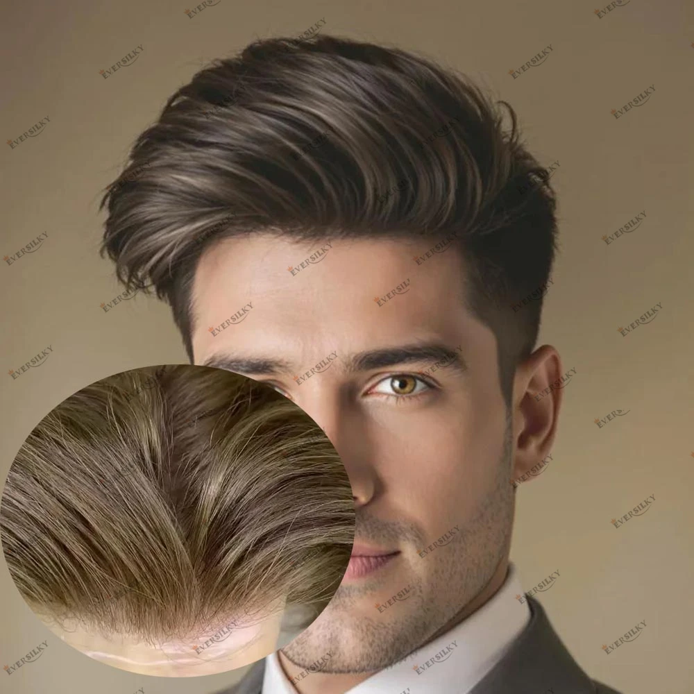 

130% Плотность Мужские темно-коричневые светло-русые человеческие волосы Vloop Microskin PU Base Капиллярный парик для выпадения волос 0,06 мм Прочные парики