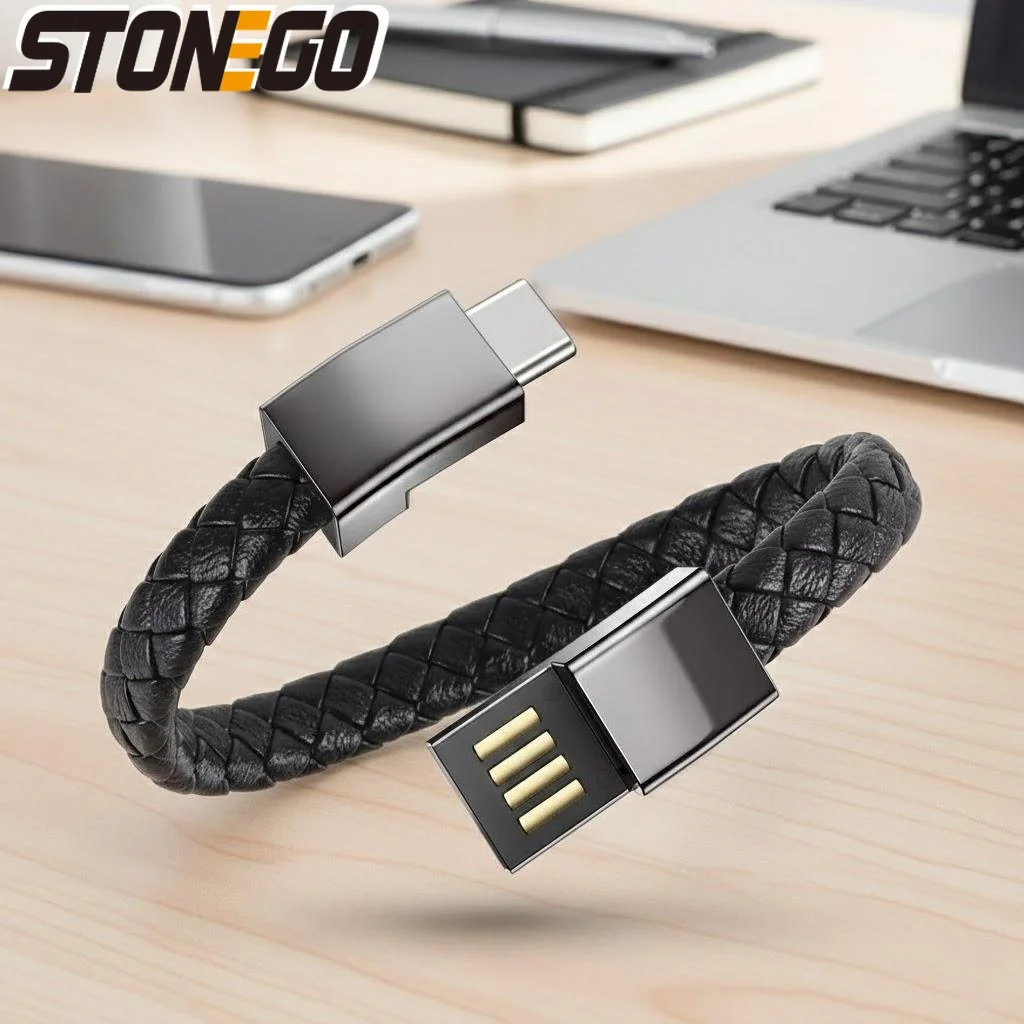 Portable USB Type C Data Cable Wristband Braided Leather Charging Cord for Android Smartphones