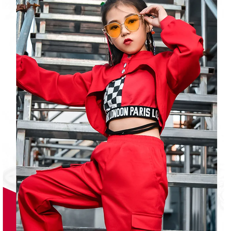 Ropa de actuación de espectáculo de baile callejero para niñas, traje rojo moderno de Hip Hop, Jazz, 110-180cm, 3 piezas/conjunto